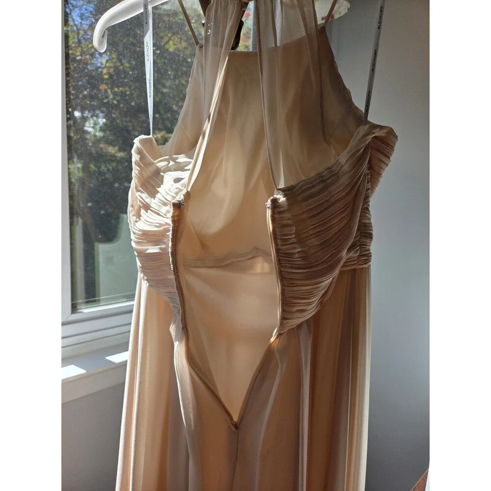 Bill Levkoff Women's Bridesmaid Gown Chiffon Halter Full Length Champagne, Sz 8 - Picture 6 of 11